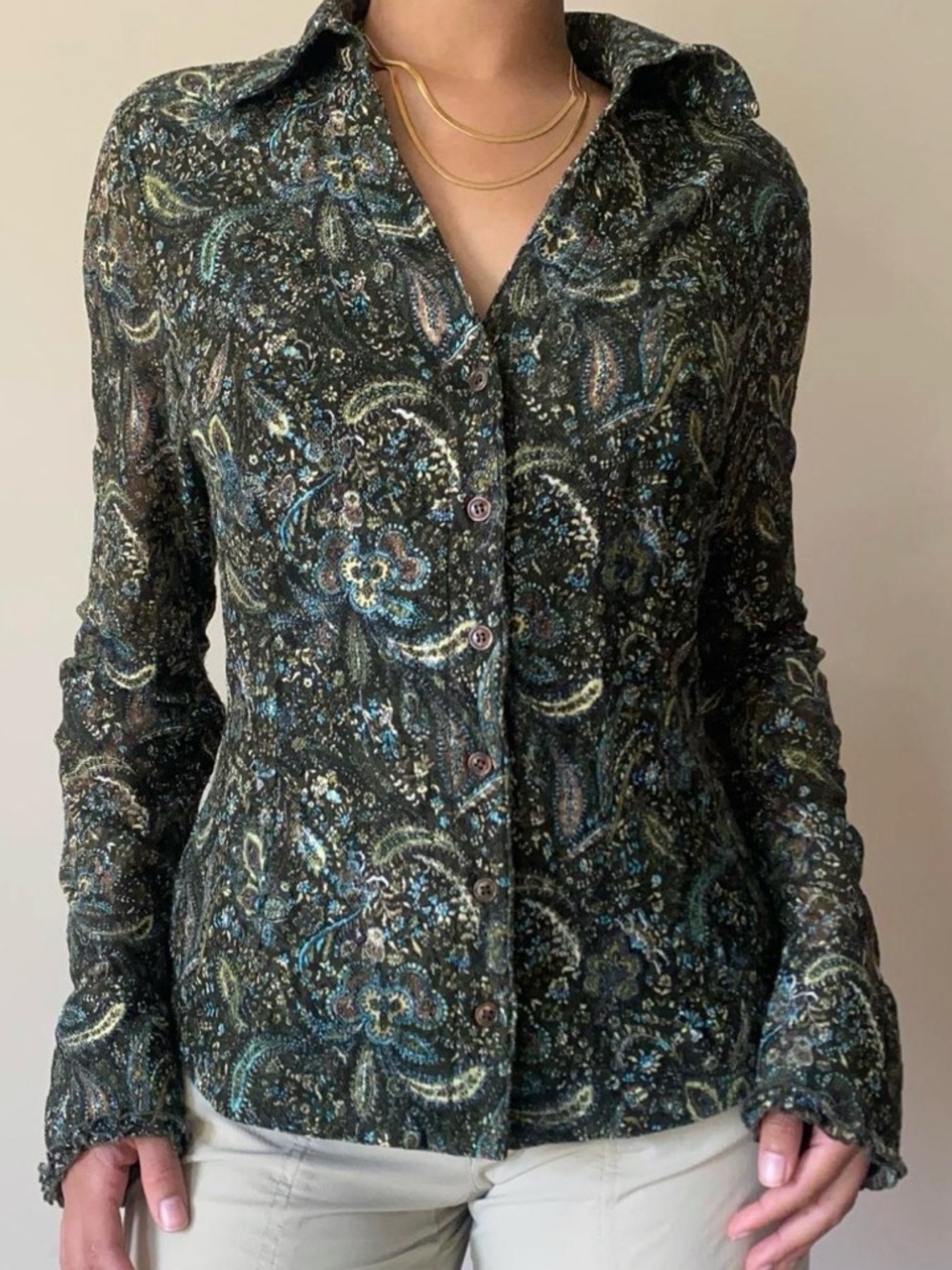 INC International concepts M Green and Black Paisley V-Neck Blouse Y2K Medium